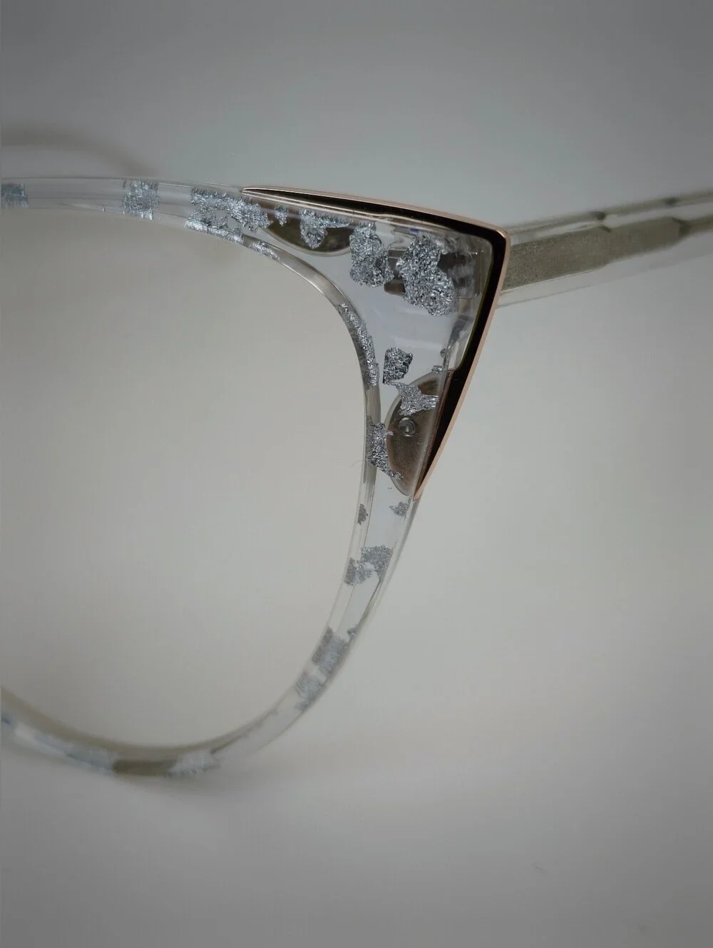 Celebrate. Clear Silver-Accent Cat Eye Womens Glasses. Rose Gold Corners.